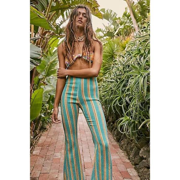 New Free People Fine Line High Rise Slim Flare Pants $78 Small Green Stretchy - Picture 2 of 6